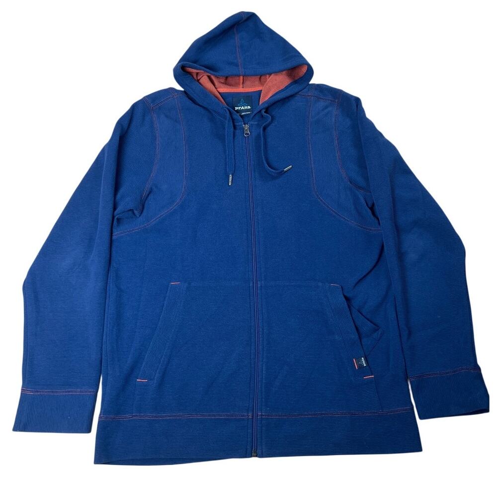 PrAna Full Zip Hoodie Blue Textured Lined Light Weight Men Sweater Size Large